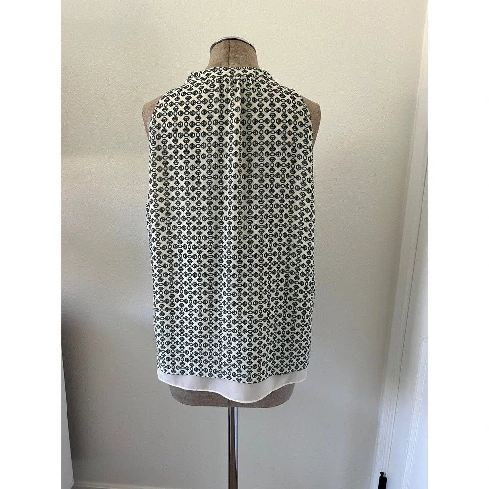 Tory Burch Silk Ruffle Sleeveless Blouse Green Cream Chain Link Print Size 14